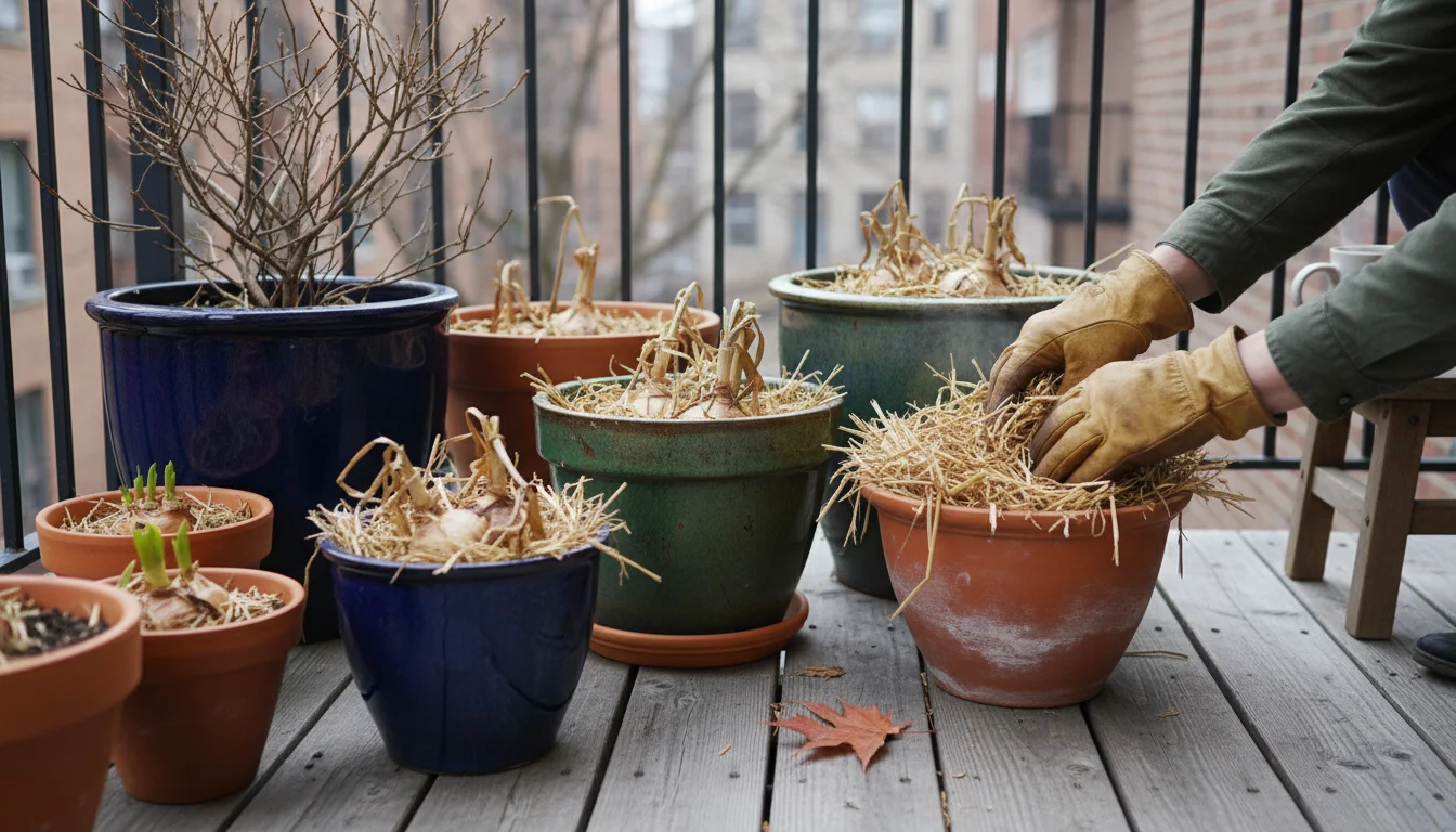 Hands add straw mulch around a potted bulb on an urban balcony for winter protection, with other pots, some wrapped in burlap.
