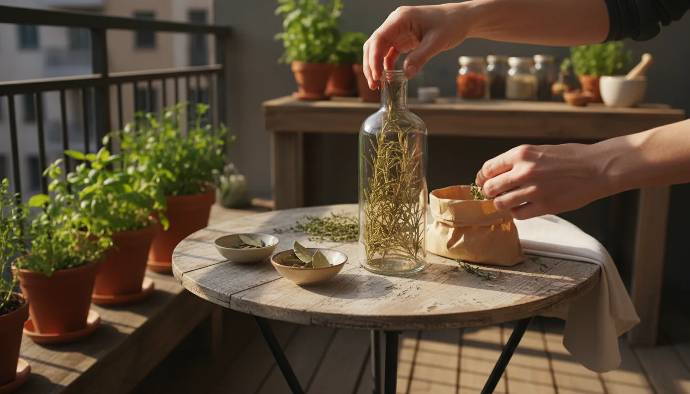 Close-up of hands adding brittle dried rosemary and thyme sprigs into a clear glass bottle on a wooden balcony table.