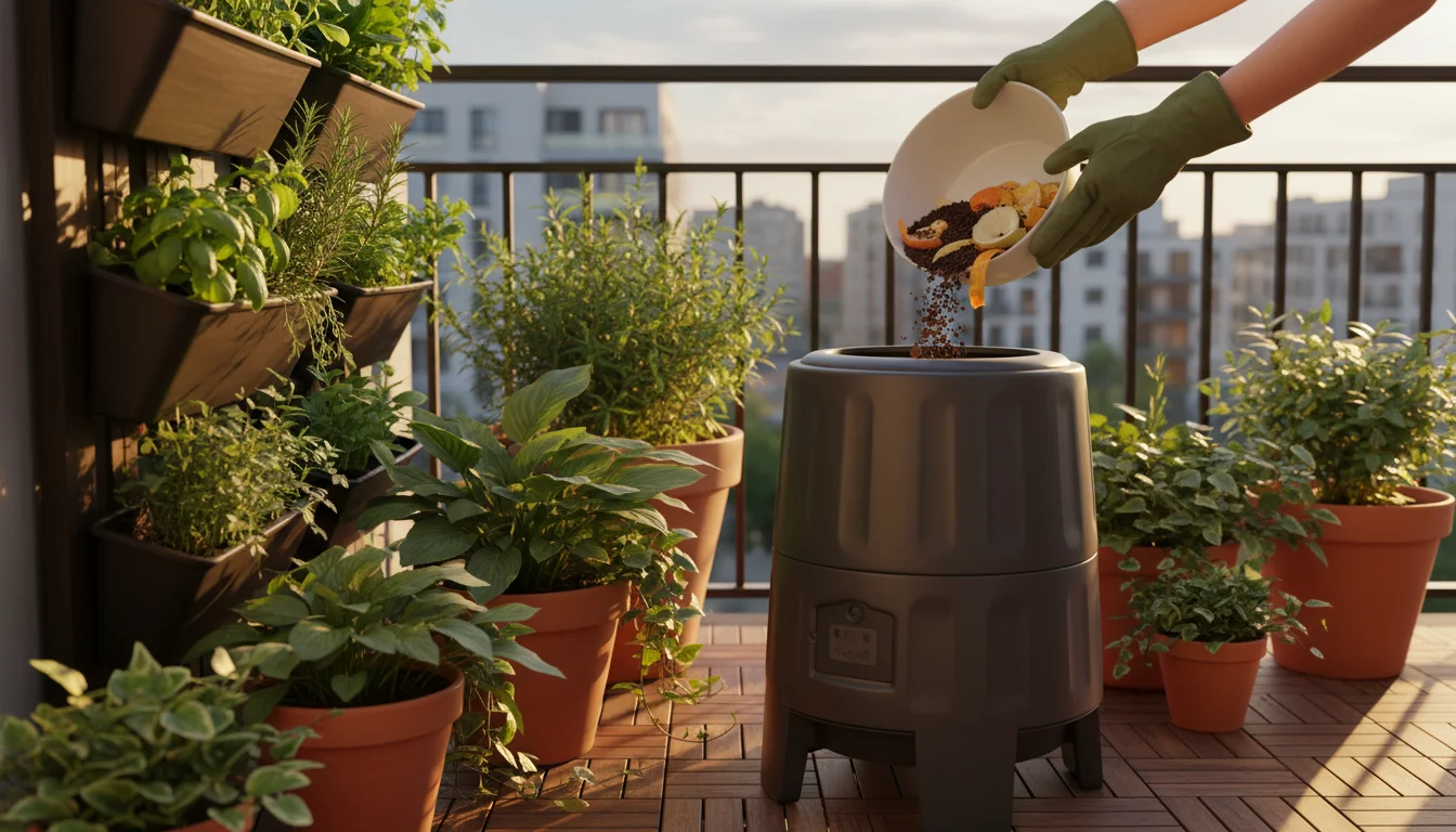 Hands adding coffee grounds and fruit peels to a compact compost bin on a sunlit urban balcony, surrounded by lush container plants.