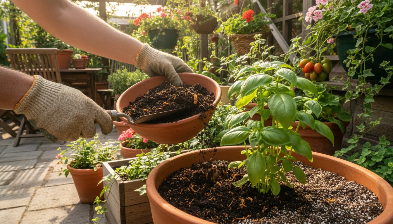 Hands adding dark, crumbly pumpkin-enriched soil to a terracotta pot with a basil plant on a sunny patio.