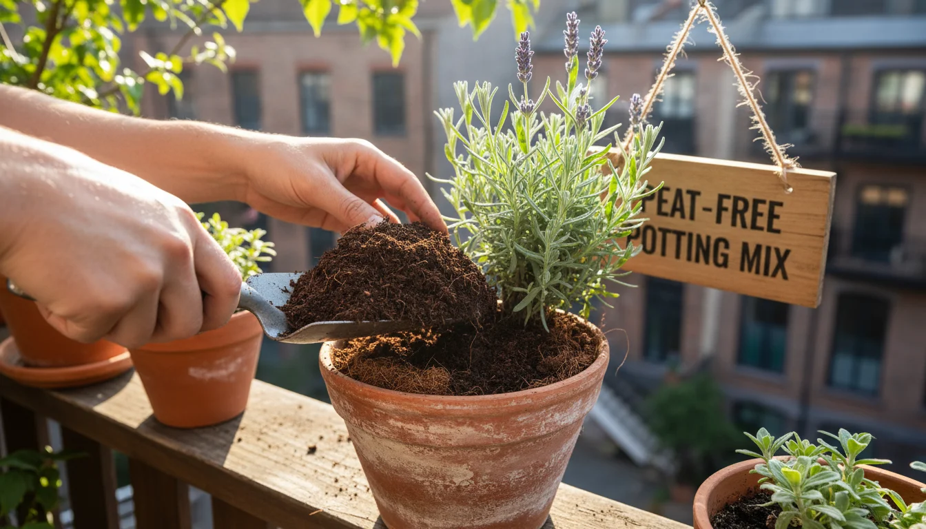 Hands gently adding fresh, dark, peat-free potting mix to an established lavender plant in a terracotta pot on a balcony.