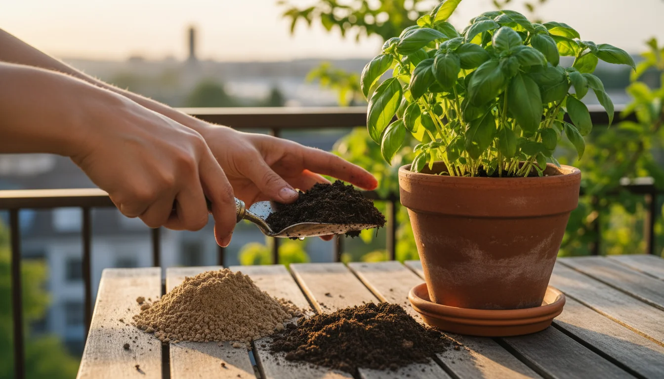 Close-up of hands adding fresh, dark potting mix to a terracotta pot on a balcony table, contrasting with removed old soil, refreshing a plant.