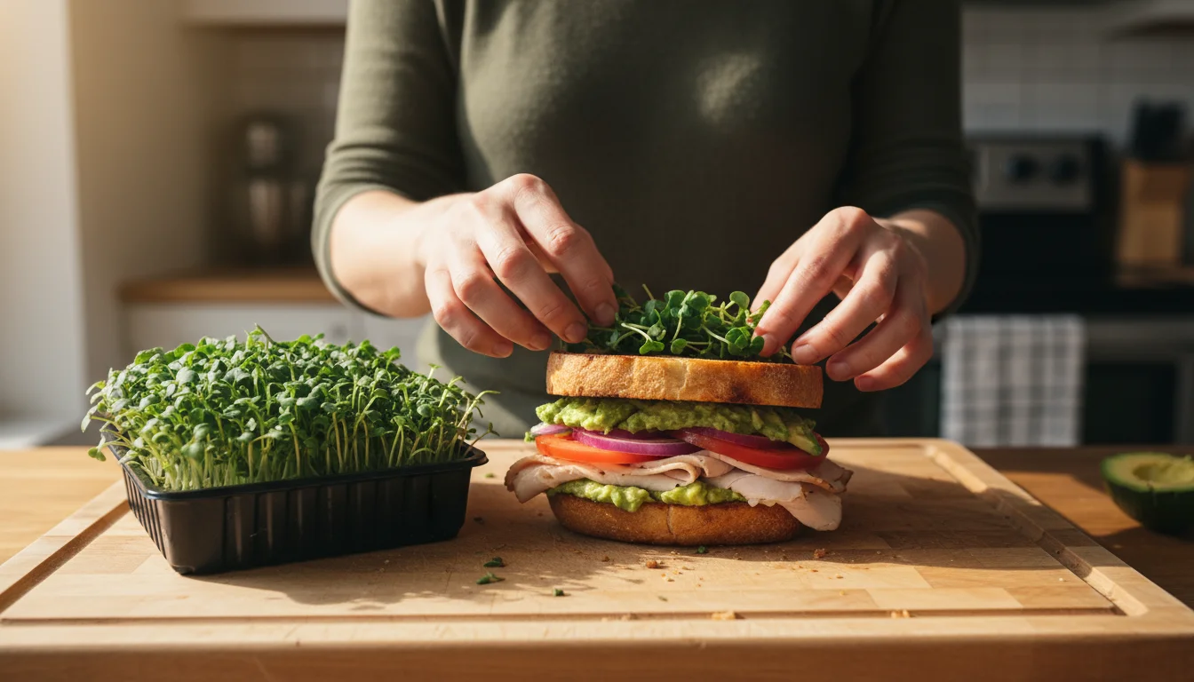Hands adding fresh, vibrant broccoli microgreens to a turkey and avocado sandwich on a wooden board in a sunlit kitchen.