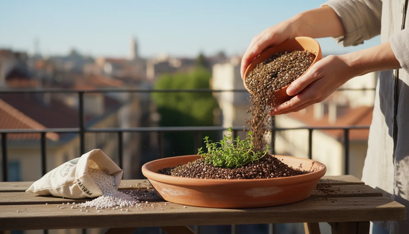 Hands adding gritty soil to a shallow terracotta pot with a thyme plant on a sunny balcony, a bag of perlite visible.
