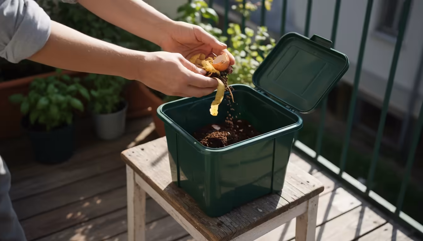 Hands adding kitchen scraps to a compact dark green worm bin on a sunny apartment balcony, surrounded by thriving container plants.