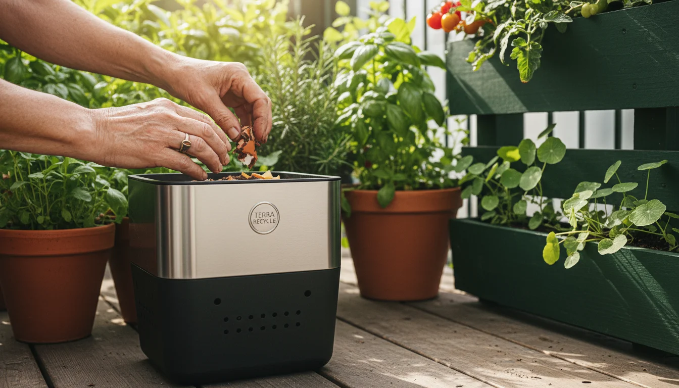 Hands adding kitchen scraps to a vermicompost bin on a wooden balcony, surrounded by thriving potted herbs and vegetables.