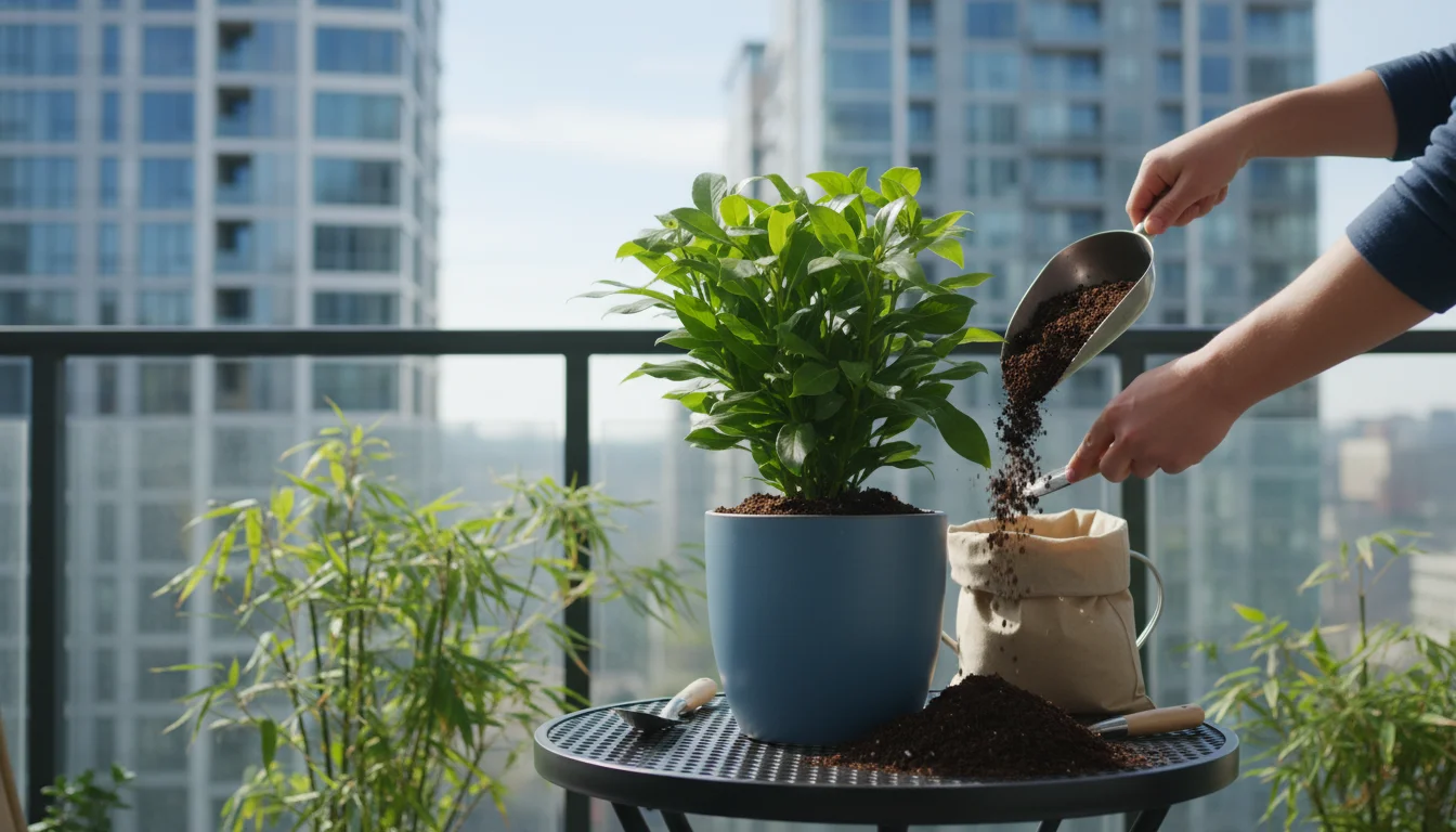 Hands gently adding potting mix around a plant's root ball in a modern blue pot on a balcony table, with soft light.