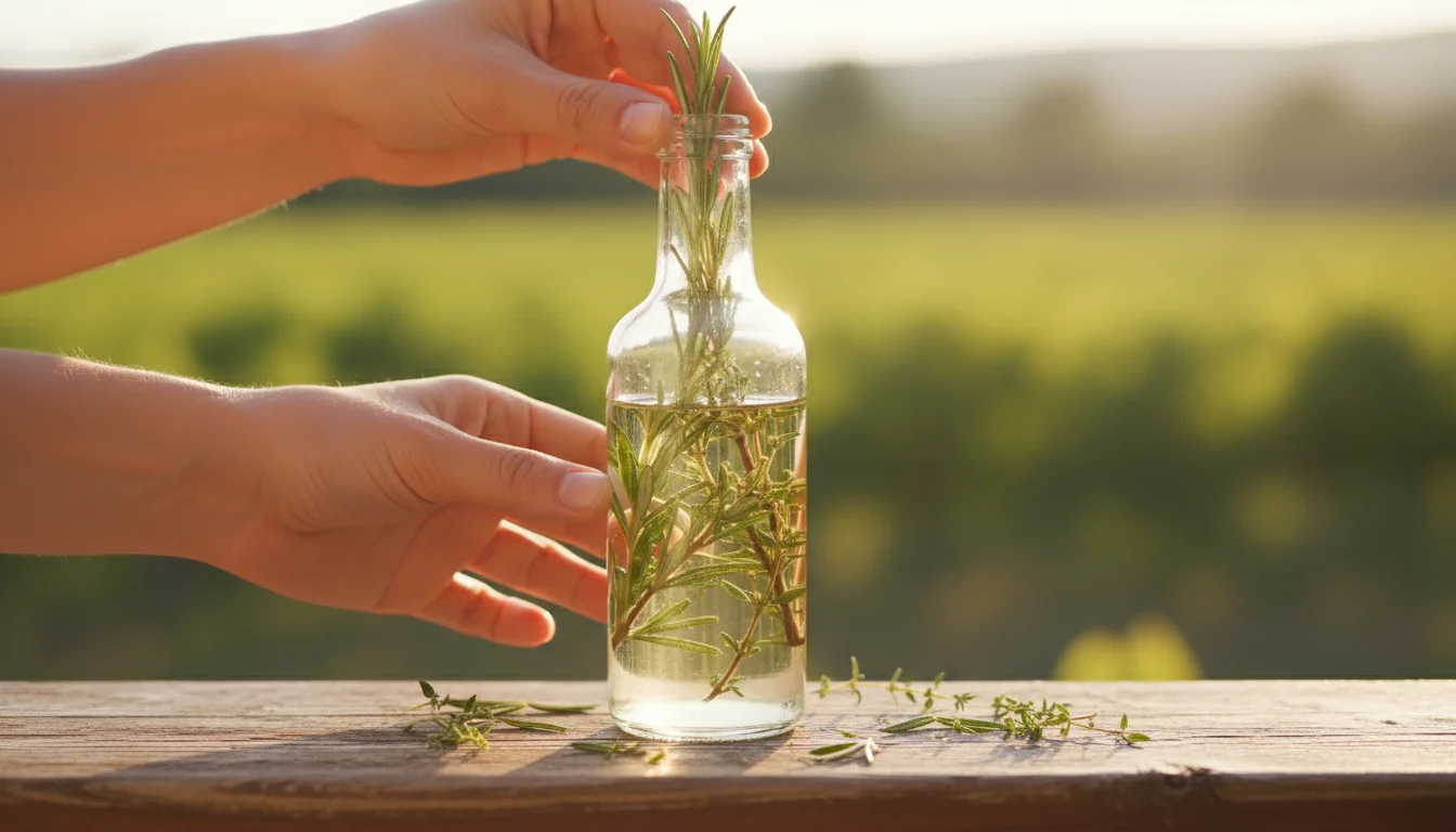 Hands adding rosemary and thyme to a bottle of white wine vinegar on a weathered wooden balcony railing.