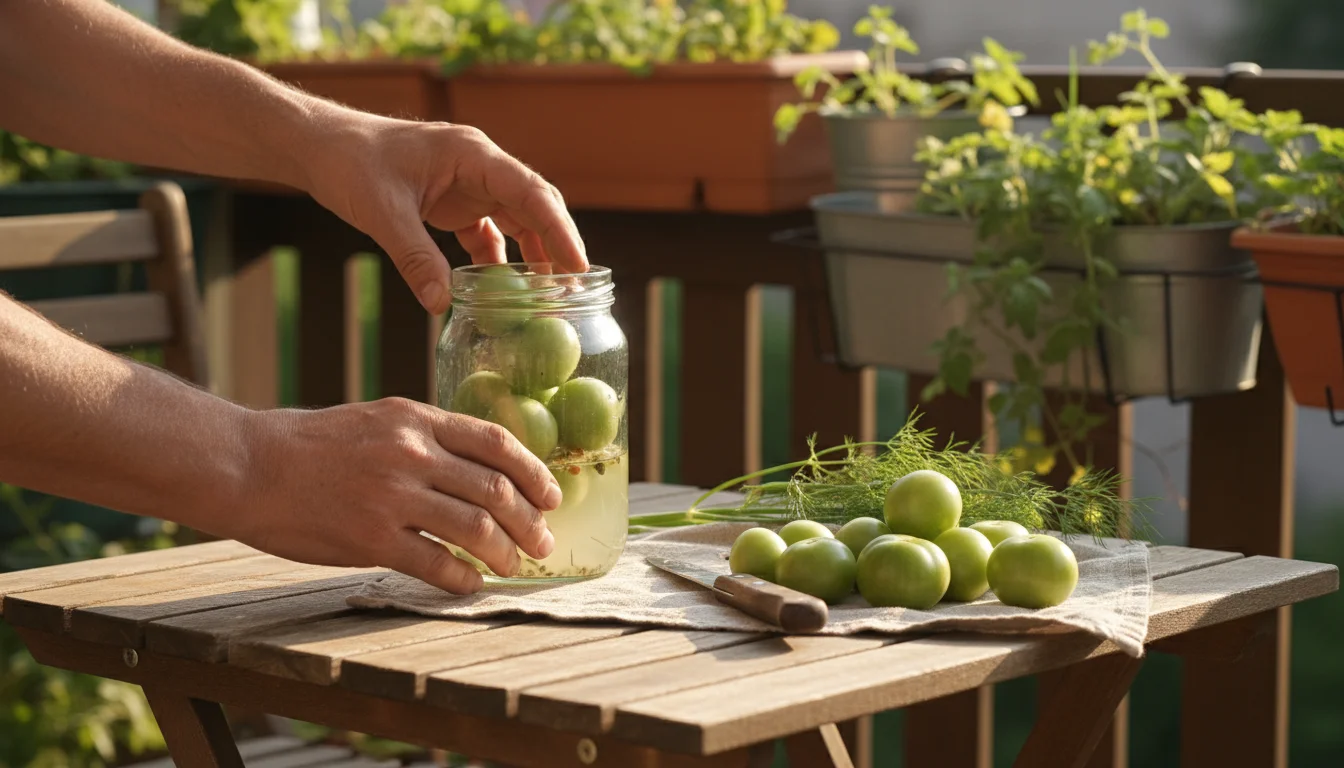 Hands adding small, firm green tomatoes to a glass jar for pickling on a sunlit patio table.