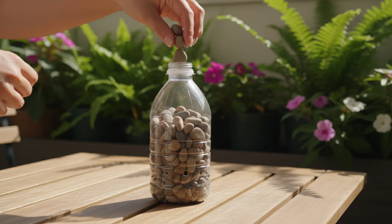 Hands adding small pebbles to the bottom of an upright clear plastic bottle on a balcony table, showing drip holes near its base.