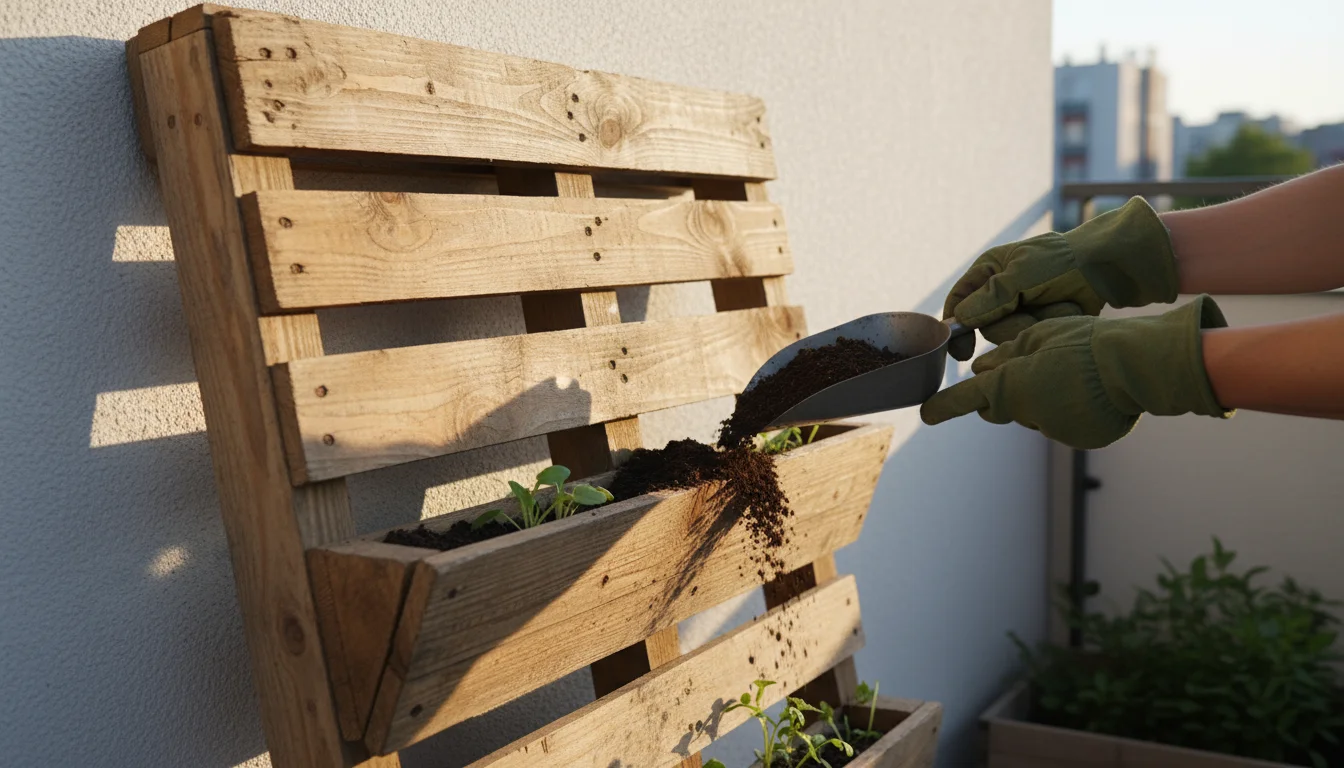 Hands adding soil to a natural wood pallet vertical garden on a grey balcony wall, with small herb seedlings already planted.