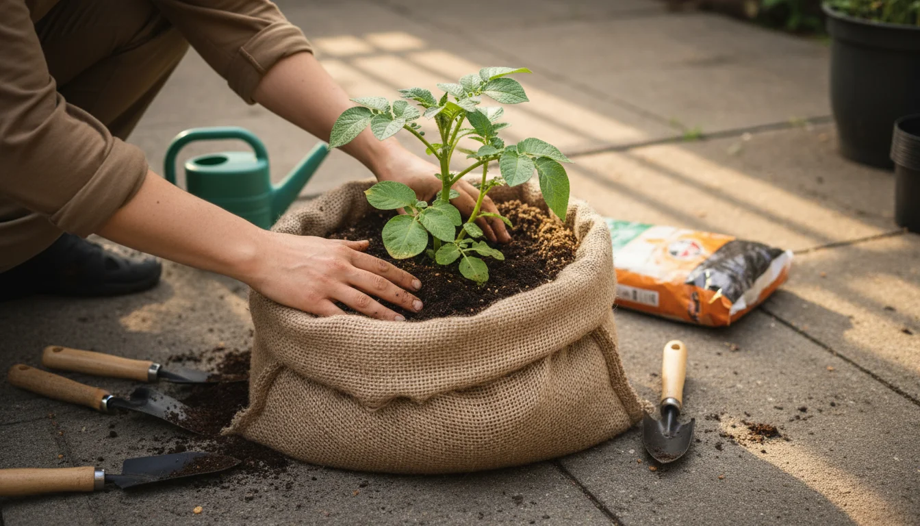 Hands adding soil to a vigorous potato plant in a rolled-down burlap sack on a sun-dappled patio, illustrating container hilling.