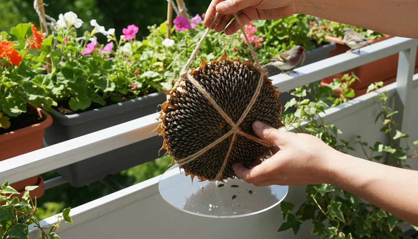 Hands gently adjust a DIY sunflower-seed bird feeder on a sleek balcony railing, with container plants and a subtle squirrel baffle.
