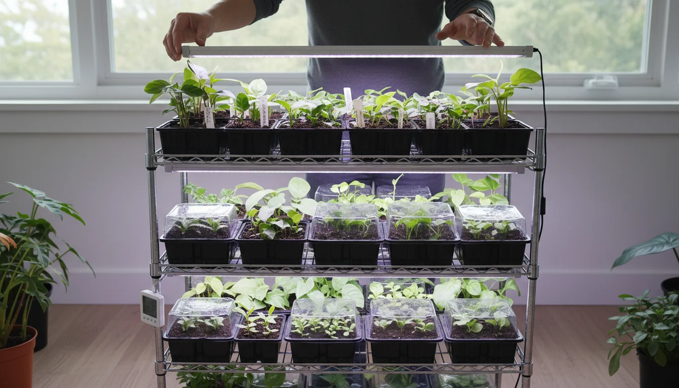 Hands adjust a full-spectrum LED grow light over trays of healthy houseplant seedlings on a small indoor shelving unit.