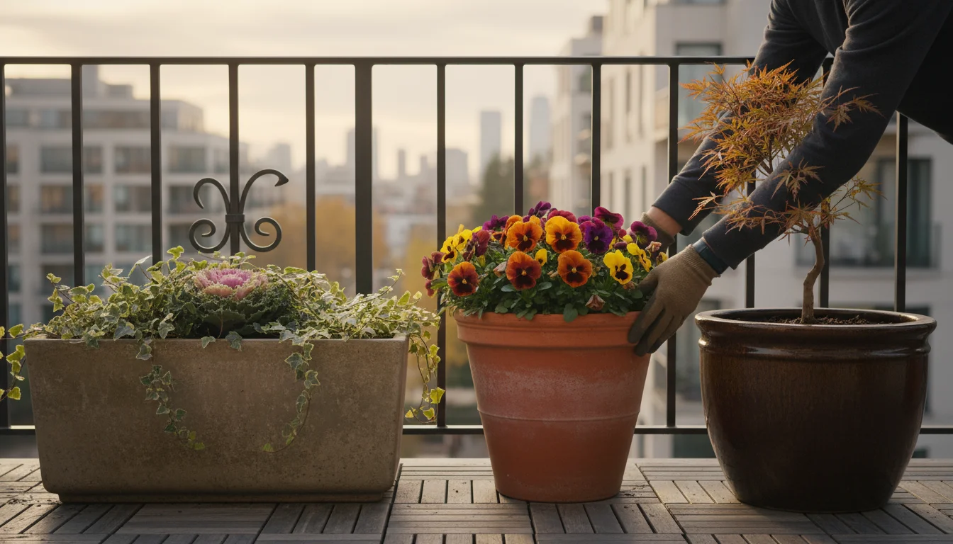 Hands carefully adjust a heavy terracotta pot with pansies on a city balcony, beside concrete and glazed ceramic planters.