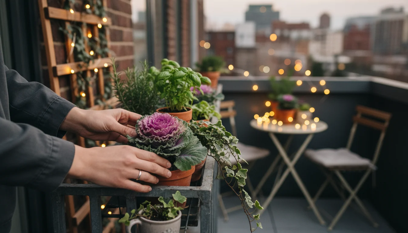 Hands gently adjust a potted ornamental cabbage on a balcony railing, with blurred fairy lights and a cozy blanket in the background.