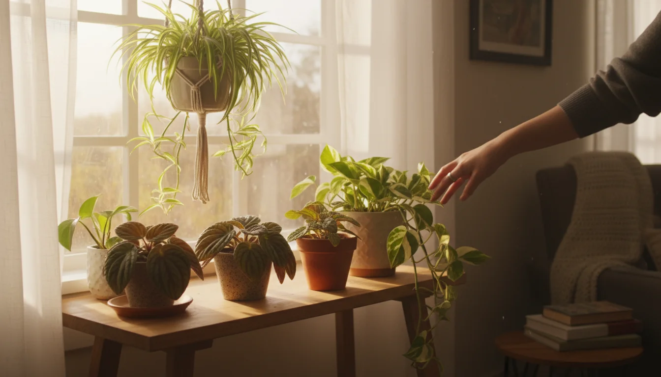 Hands gently adjust a potted pet-friendly plant on a sunlit windowsill, surrounded by other thriving houseplants in a cozy home.
