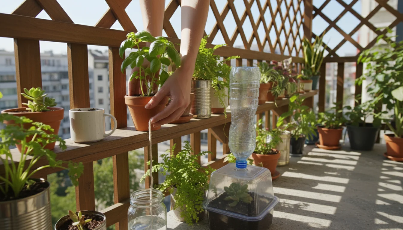 Hands gently adjusting a cotton fabric wick in a small potted plant on a bright balcony, surrounded by other plants with repurposed plastic drip syste