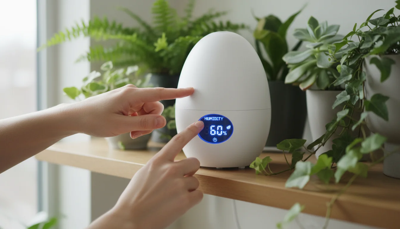 Hands adjusting the digital display of a modern humidifier next to healthy potted houseplants on a wooden shelf, showing a set humidity level.
