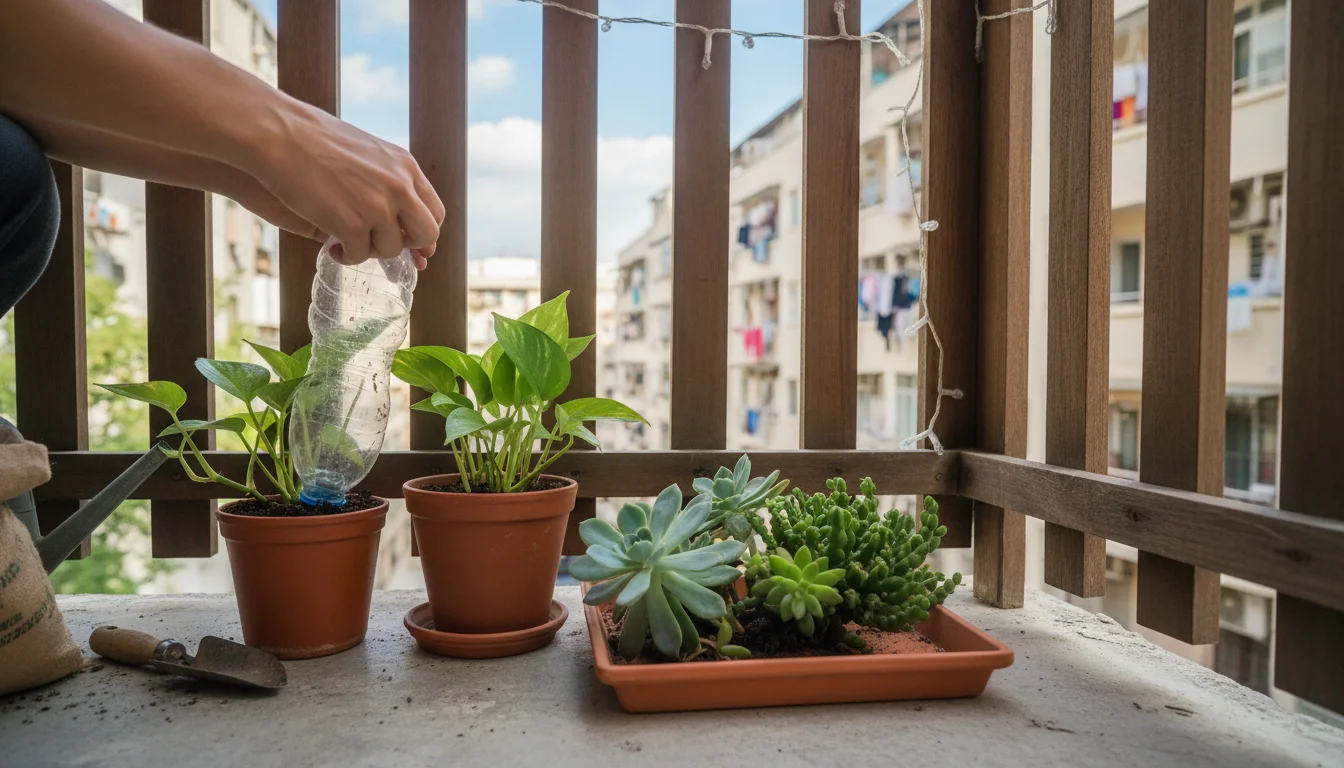 Hands adjusting a DIY water wick in a Pothos pot next to succulents on a dry tray on an apartment balcony. A notebook is visible.