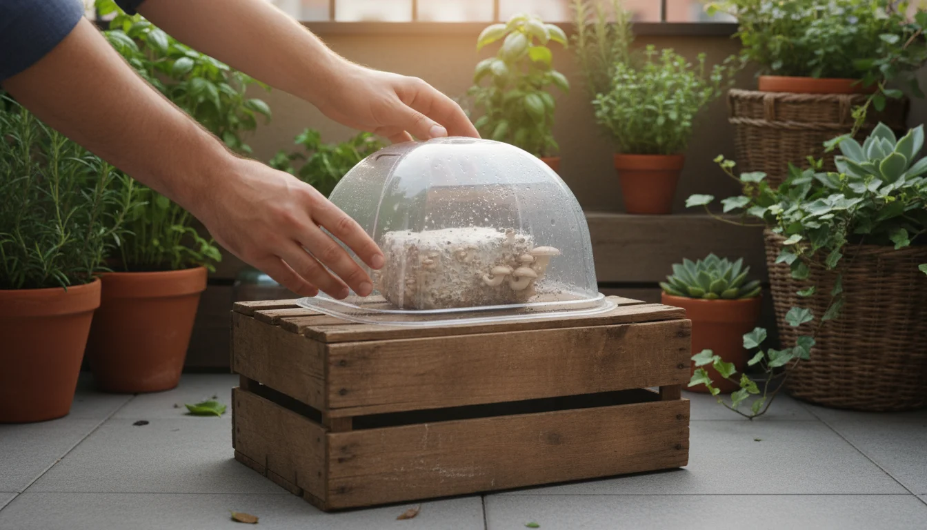 Hands adjusting a clear plastic humidity tent over an oyster mushroom grow kit on a wooden crate on a small balcony.