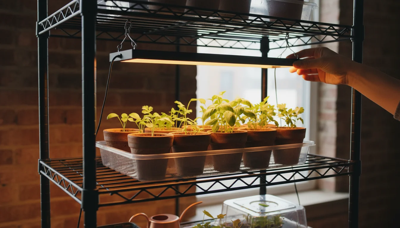 Close-up of hands adjusting a slim LED grow light hanging over a shelf of small potted herb seedlings, glowing with warm light.