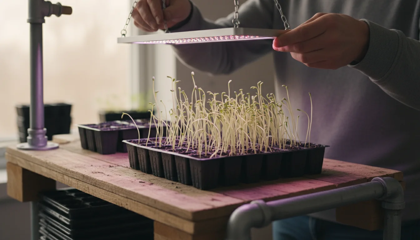 Hands adjusting a suspended LED grow light closer to leggy, pale green seedlings in trays on a DIY shelf.