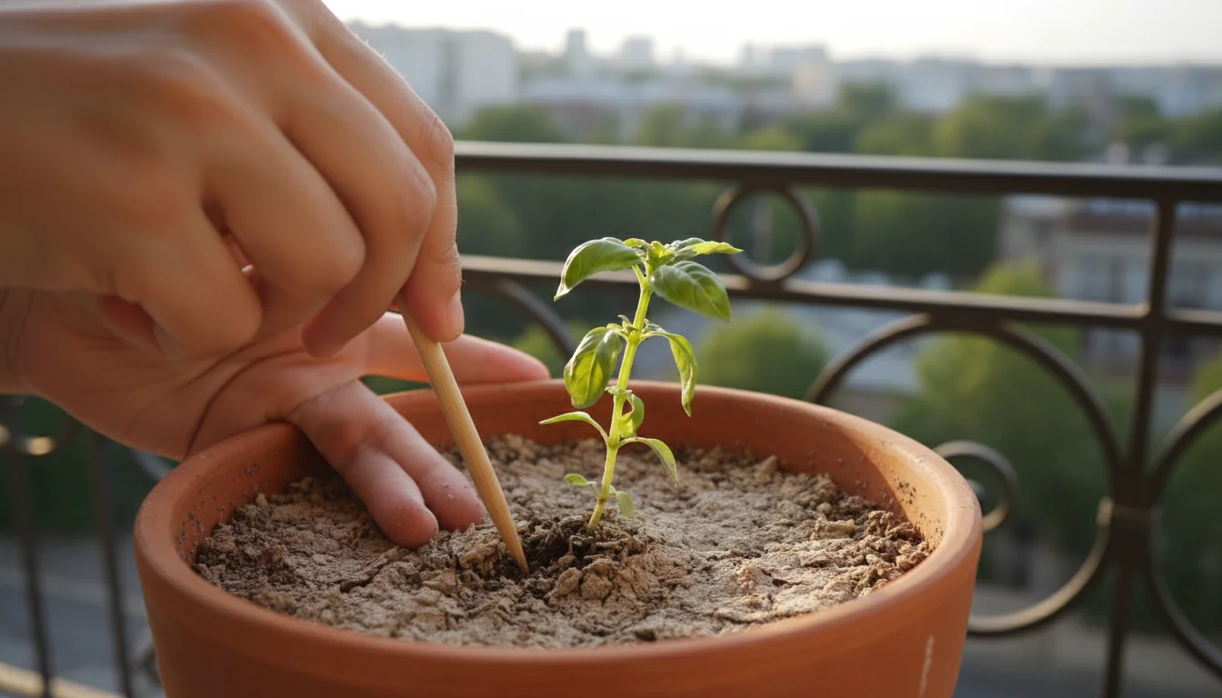 Hands gently aerating compacted soil in a terracotta pot with a chopstick, a basil plant and blurred urban balcony in background.