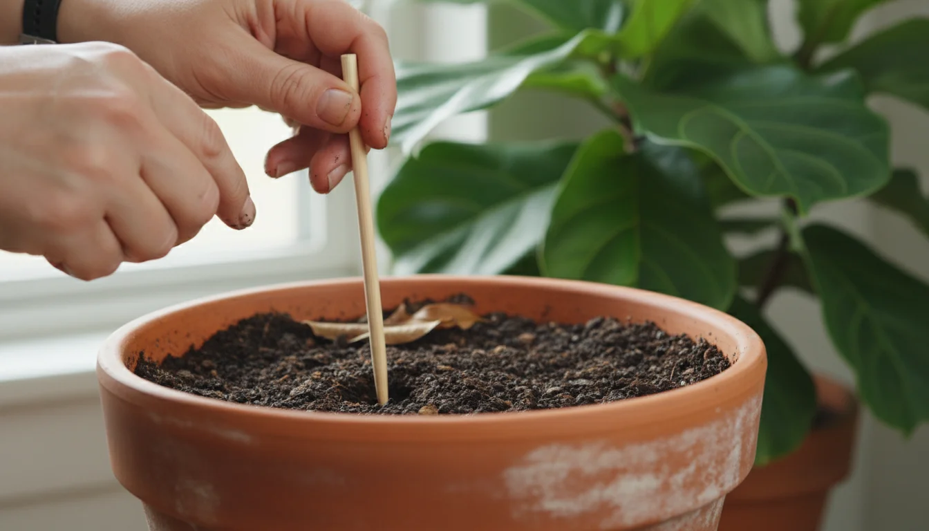 Hands gently aerating compacted soil in a terracotta pot with a wooden chopstick, plant leaves in background.