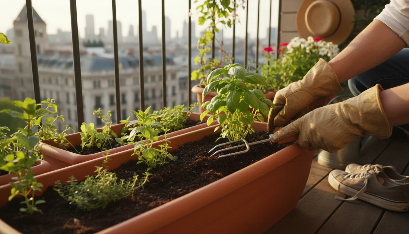 Hands gently aerating soil in a balcony planter box with a hand fork. A hand trowel rests on the edge. Urban balcony setting.