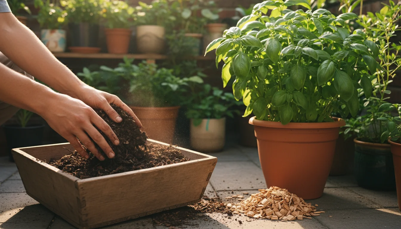 Hands gently apply dark leaf mold mulch to a basil plant in a terracotta pot on a sunlit patio, with other container plants and wood chips in backgrou
