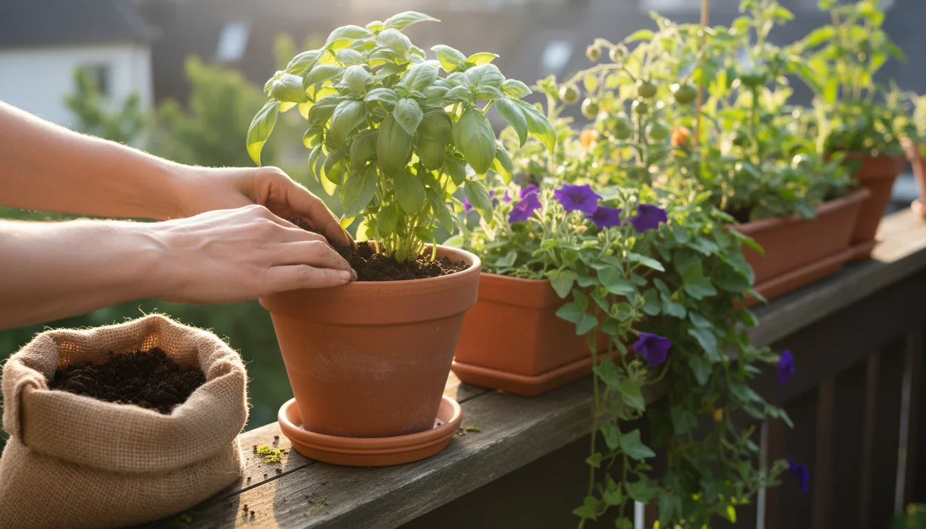 Hands apply dark worm castings to a basil plant in a terracotta pot on a sun-dappled balcony railing, with other blurred plants.