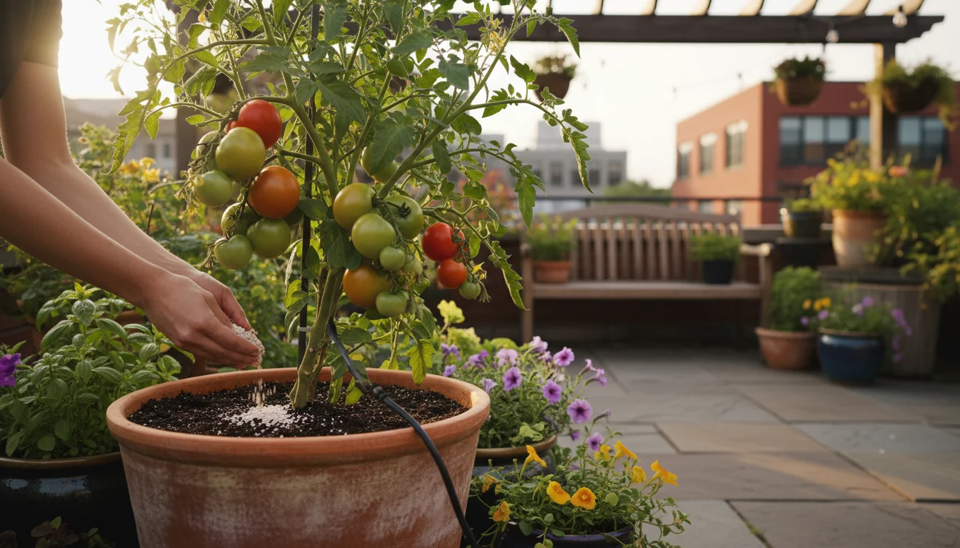 Hands carefully apply granular fertilizer to the base of a fruit-laden tomato plant in a large terracotta pot on a sunny urban patio.