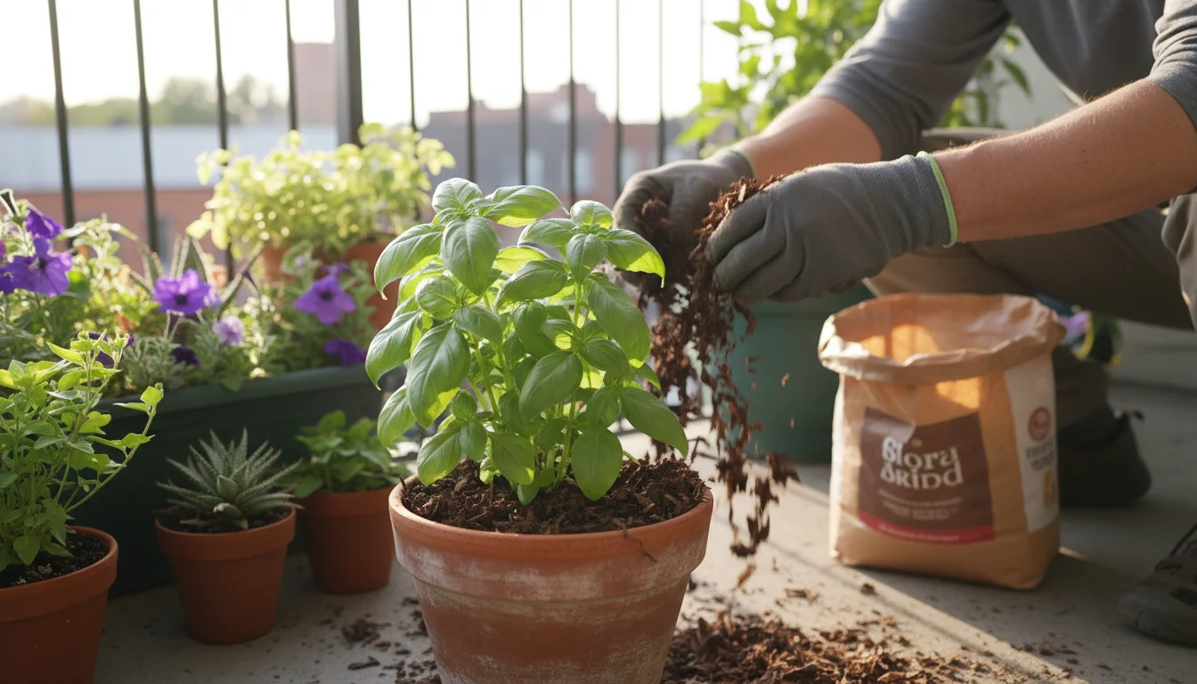 Hands carefully apply shredded leaf mulch around a healthy basil plant in a terracotta pot on an urban balcony, with other containers nearby.