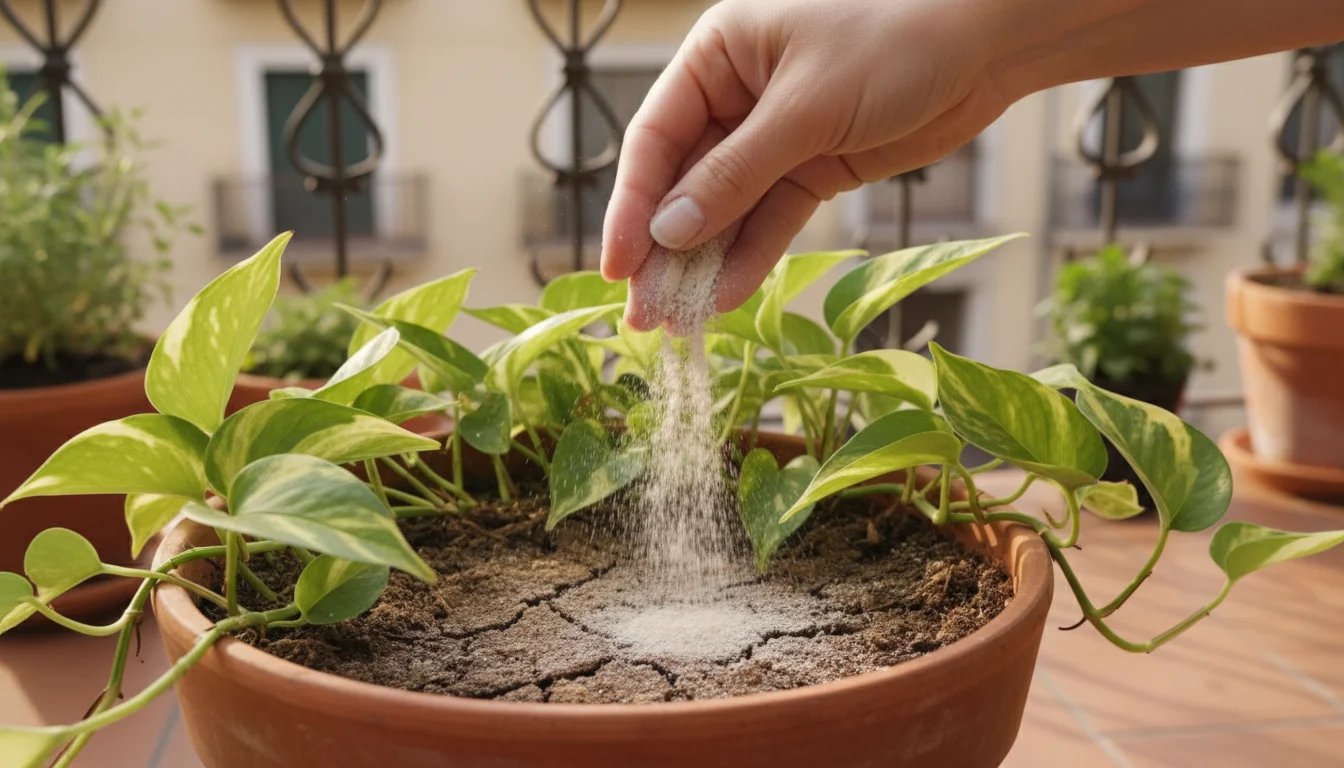 Hands apply a white powder, like diatomaceous earth, to dry soil in a small terracotta pot with a green Pothos plant.