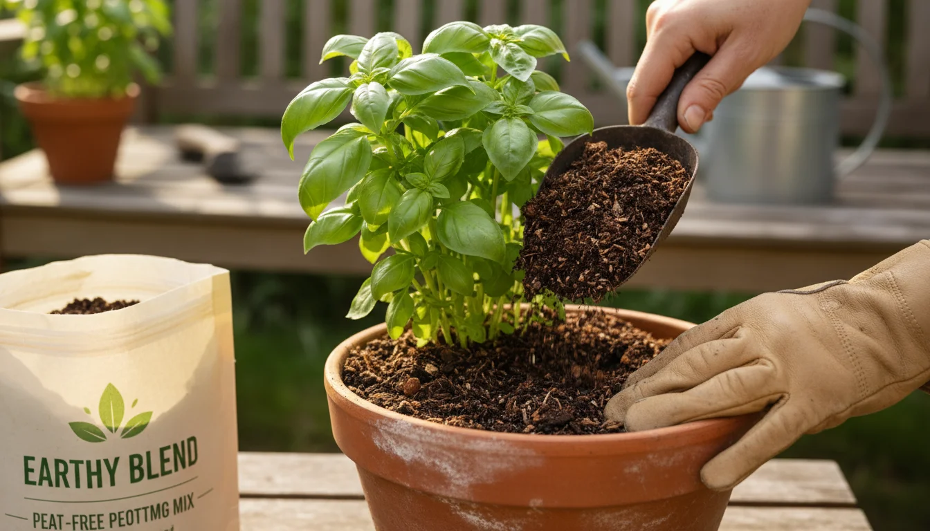 Close-up of hands applying chunky, peat-free potting mix, rich with compost and wood fibers, to a thriving basil plant in a terracotta pot on a balcon