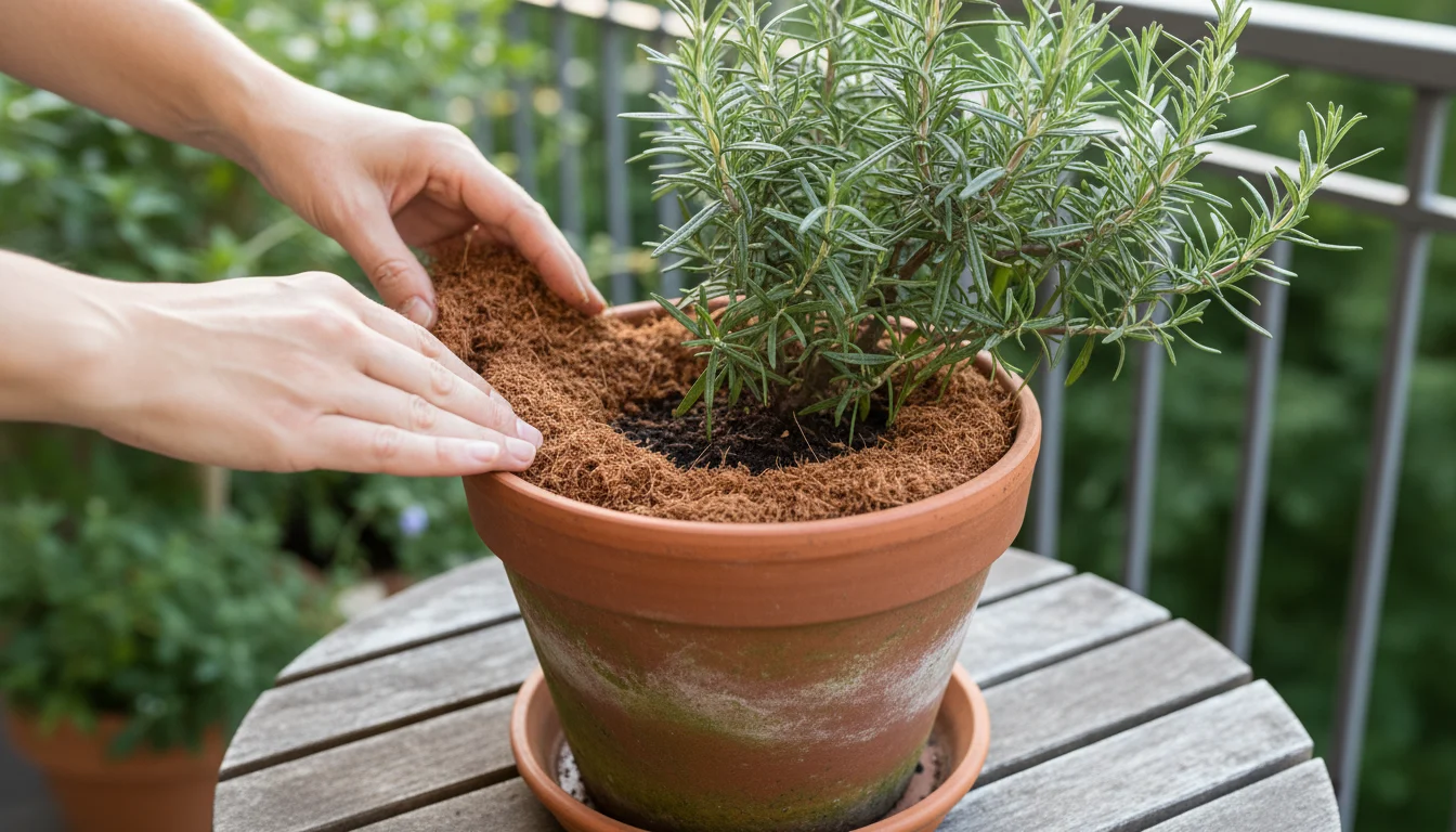 Close-up of hands applying coco coir mulch around a rosemary plant in a terracotta pot on a wooden surface.
