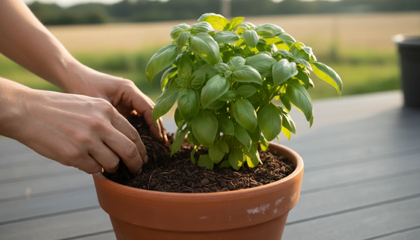 Hands gently applying dark organic mulch to a vibrant basil plant in a terracotta pot, set on a modern grey deck with dappled light.