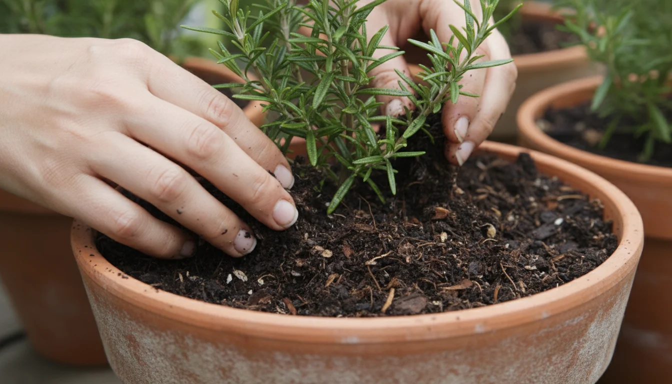Close-up of hands gently applying dark, rich compost to a healthy rosemary plant in a terracotta pot on a sunny patio.