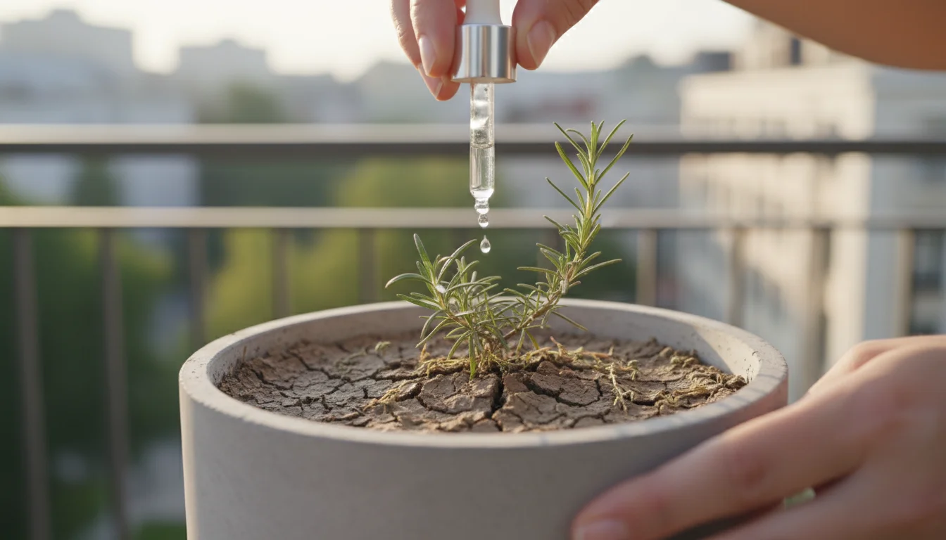 Hands applying a few drops of liquid from a dropper bottle onto dry, cracked soil in a concrete pot with a rosemary plant on a balcony.