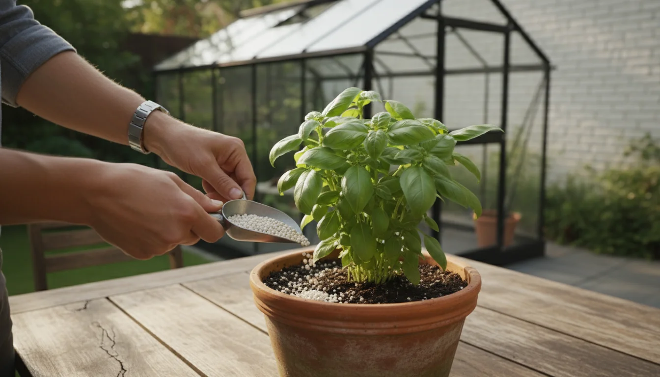 Close-up of hands applying granular slow-release fertilizer to a thriving basil plant in a terracotta pot on a sunny patio table.