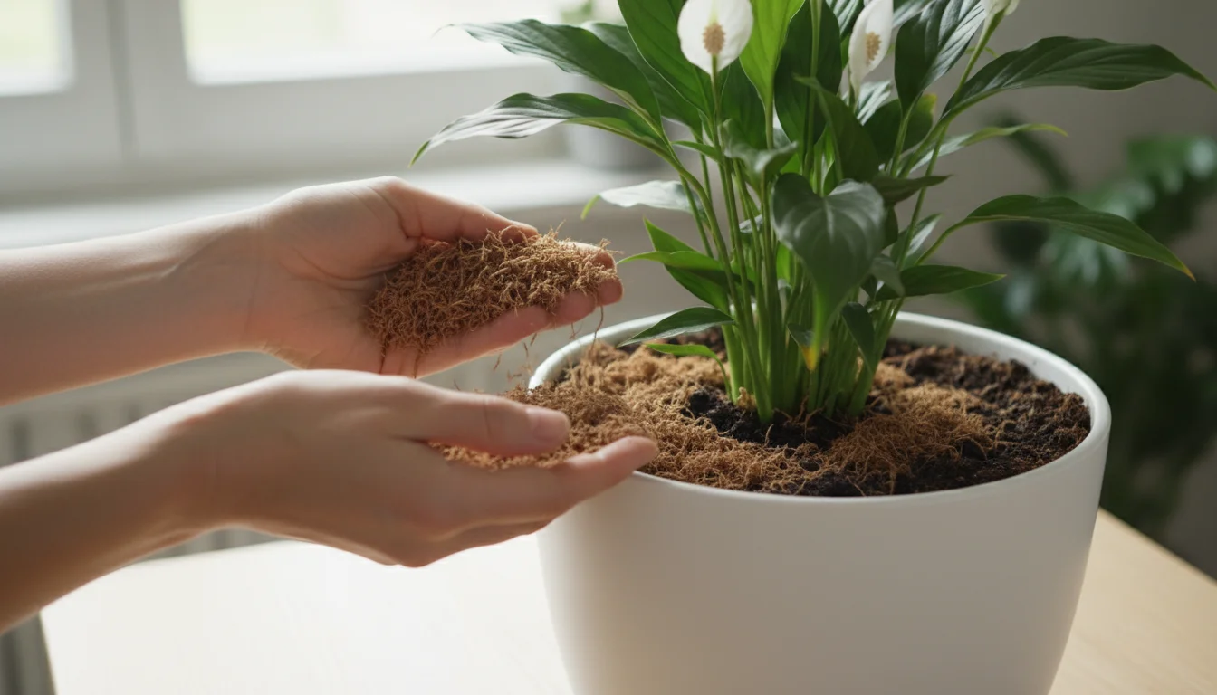 Hands applying light brown coir to the dark soil of a lush green peace lily in a white ceramic pot, illuminated by soft window light.