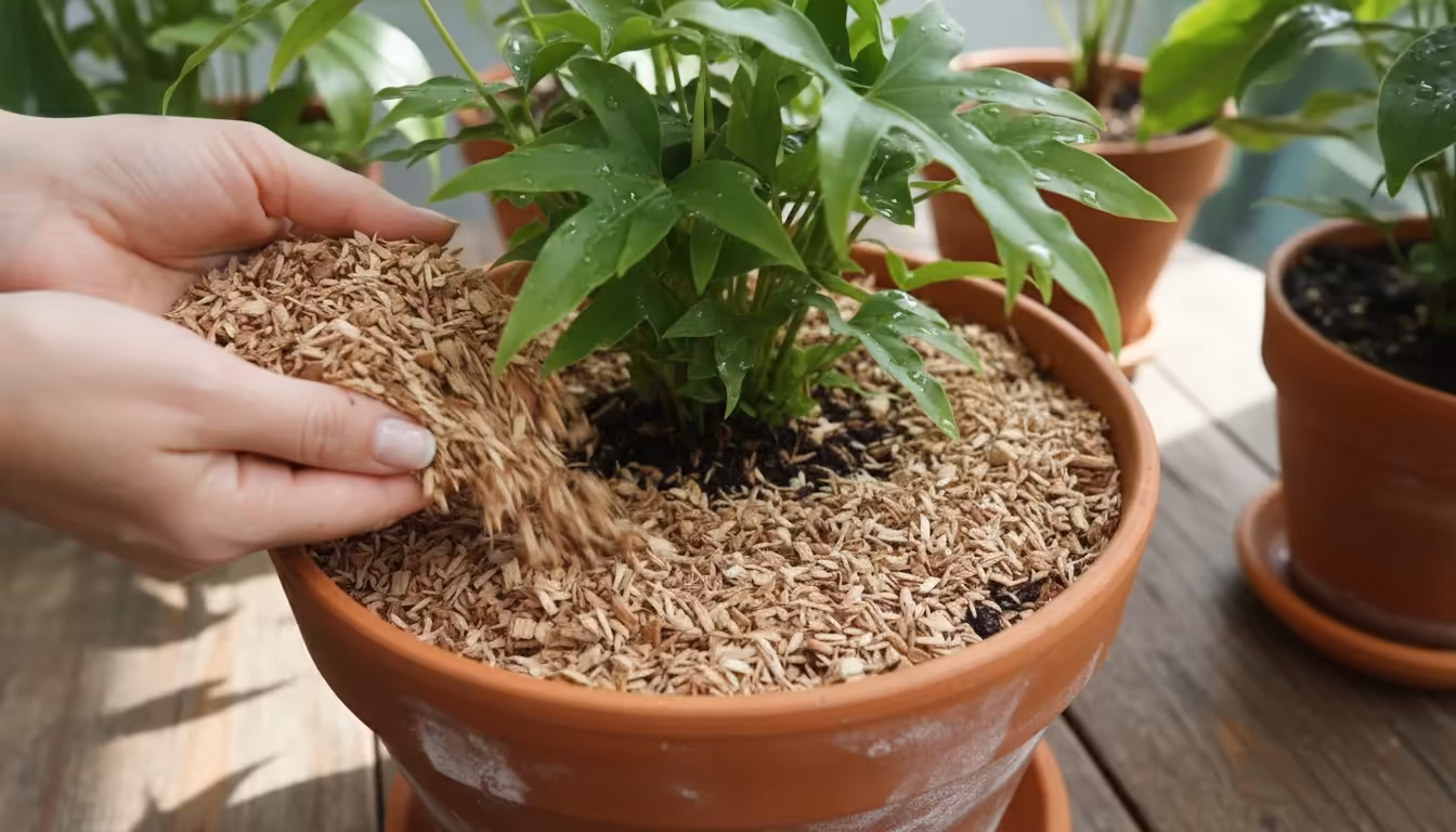 Close-up of hands applying light wood chip mulch to a leafy green plant in a terracotta pot, insulating the soil on a balcony.