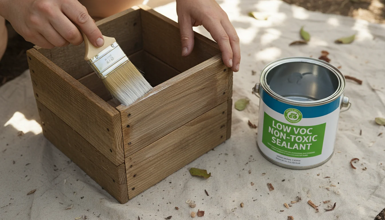 Close-up of hands applying low VOC sealant to a rustic wooden planter box, an eco-friendly paint can visible on a patio surface.