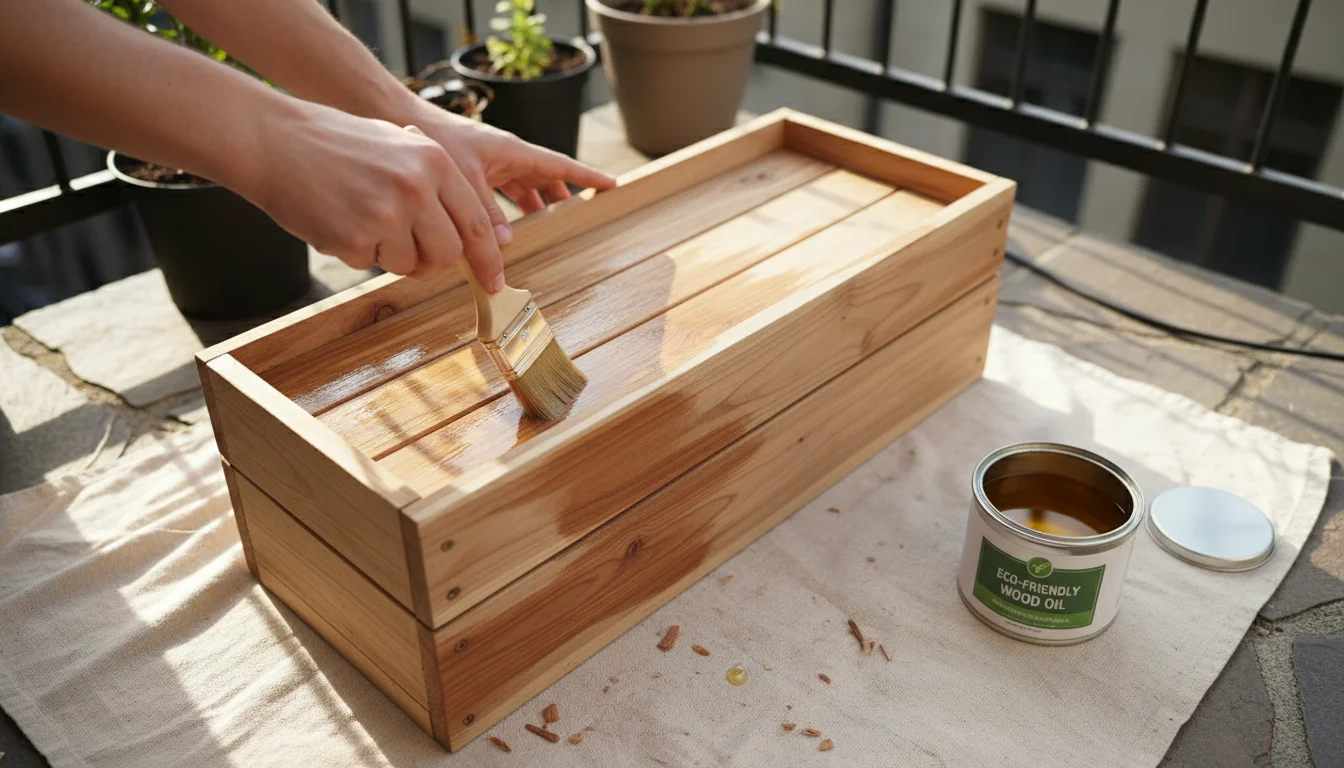 Hands applying natural wood oil to a slatted wooden planter box on a patio, an eco-friendly oil tin visible.