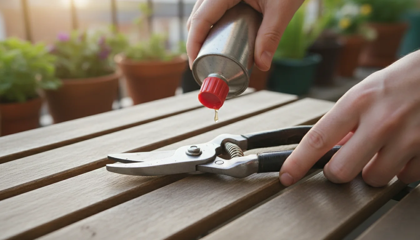 Close-up of hands applying oil to bypass pruner pivot point on a weathered wooden table, with blurred container plants.