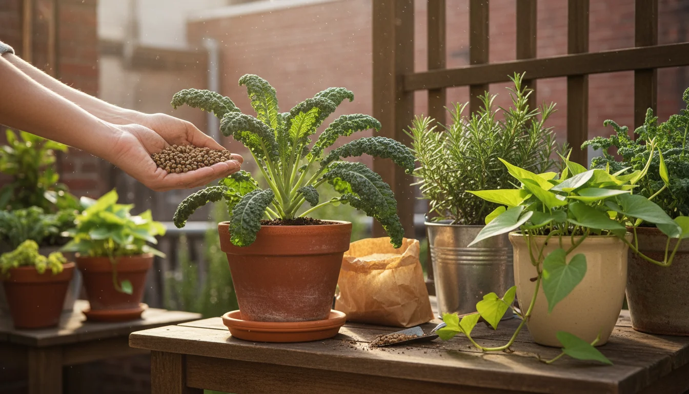 Hands applying organic granular fertilizer to a thriving kale plant in a pot on a patio, with other specialized liquid fertilizers and container veget