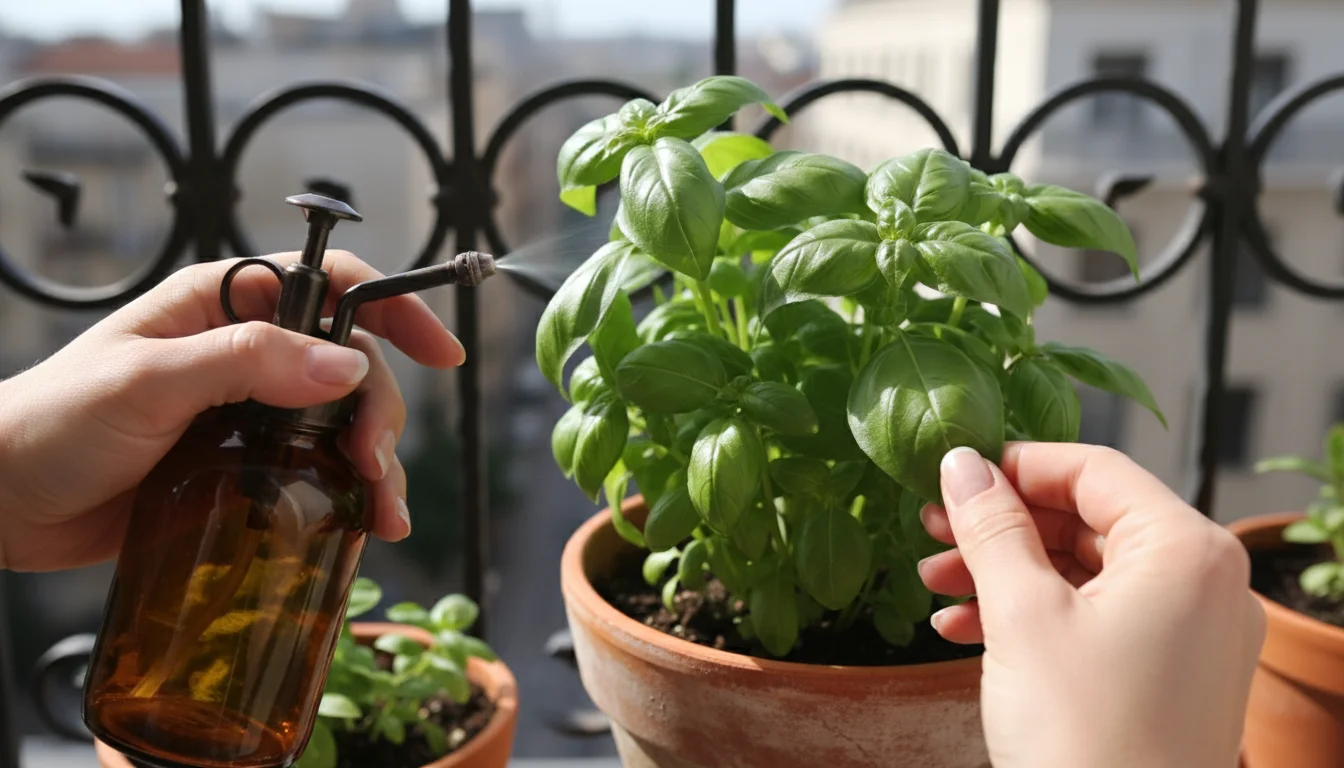 Close-up of hands applying organic spray to a vibrant basil plant in a terracotta pot on an urban balcony, with blurred background.