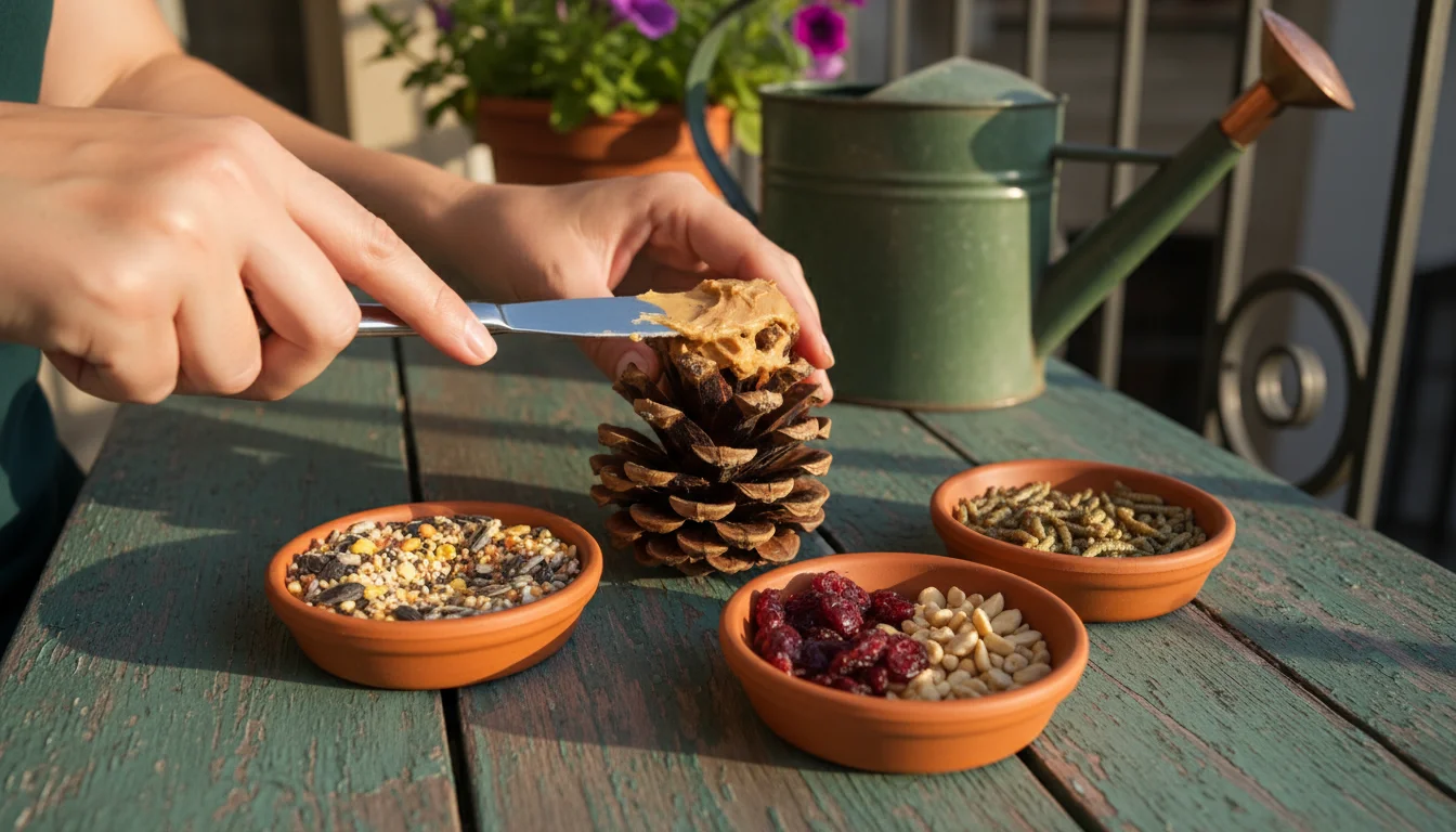 Hands applying peanut butter to a pinecone, surrounded by dishes of birdseed, dried fruit, wire, and a drill bit on a teal table.