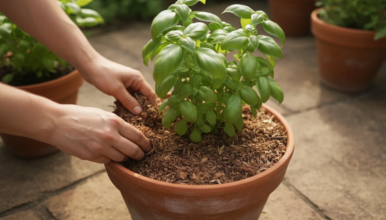 Hands applying rustic shredded bark mulch around a vibrant basil plant in a terracotta pot on a sunny patio.